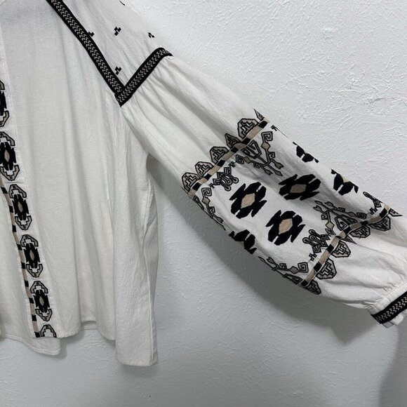 Anthropologie RD + Koko Shirt Jacket Cream Black Tie Front Embroidered Boho Sz M - Picture 4 of 12